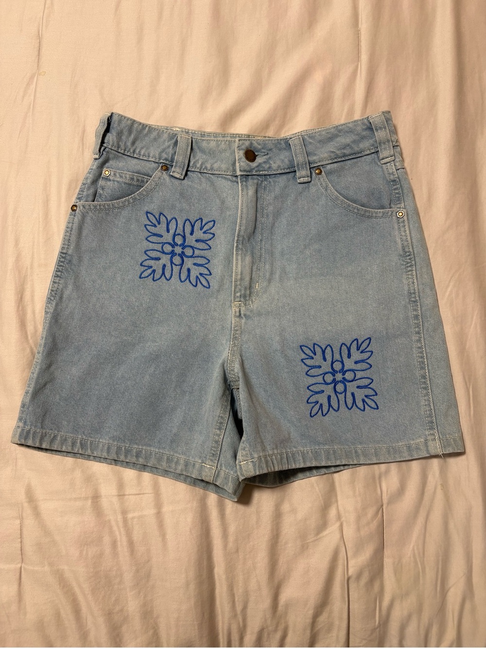 Dickies Light Blue Denim Shorts with Blue Floral Stitching